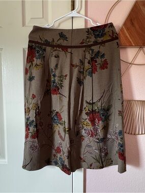Floral A-Line Skirt in Taupe with Multicolor Blooms